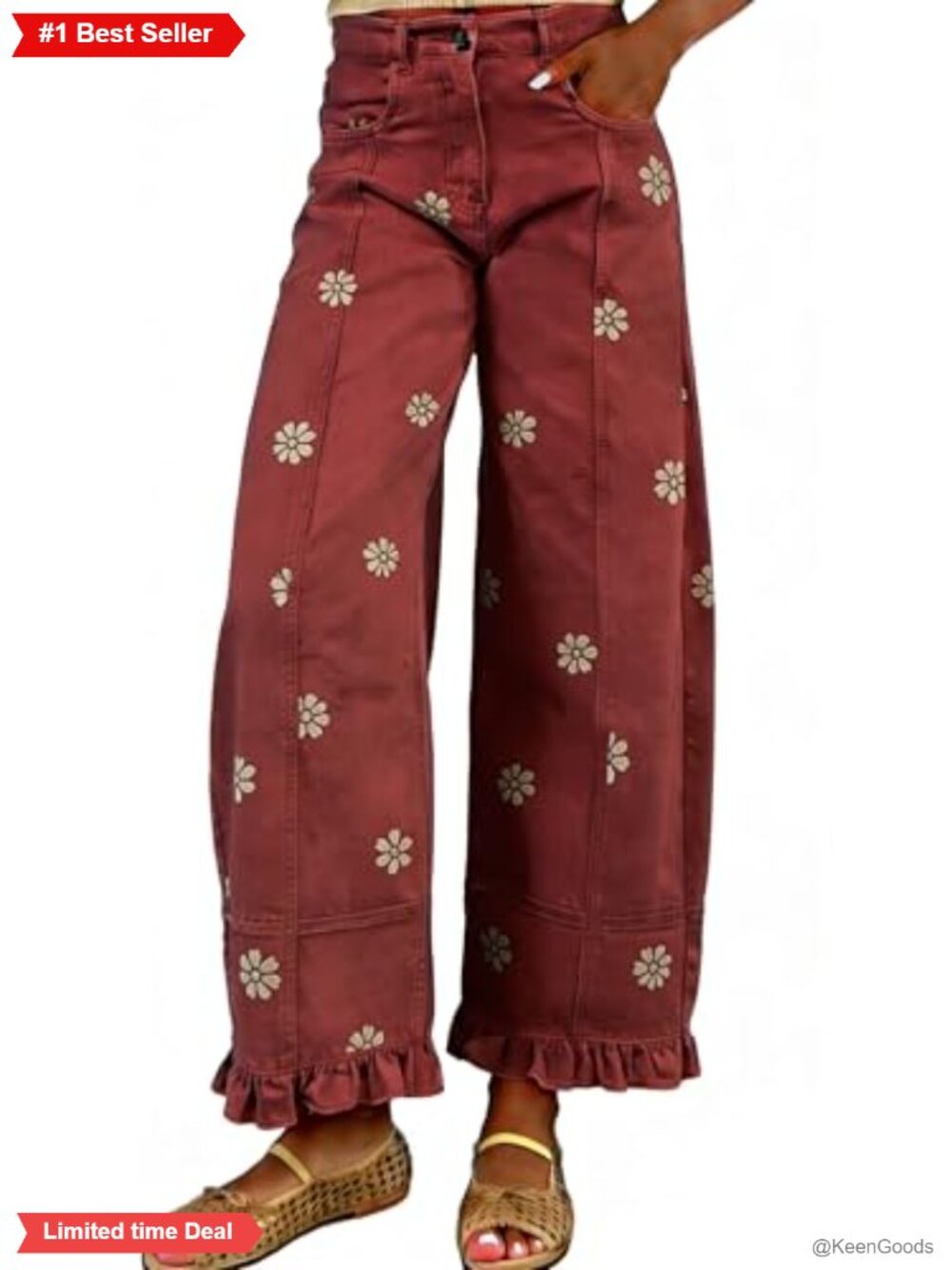 Barrel Jeans Wide Leg Floral Print Patchwork Cropped Denim Pants